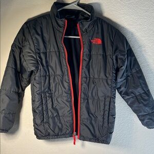 The North Face Boys Gray Puffer Jacket with Red Zipper